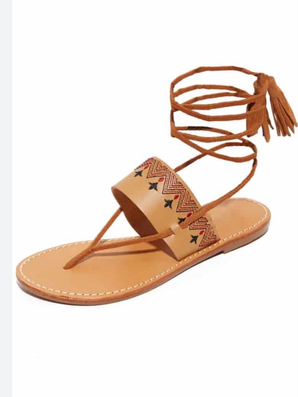 Soludos Women's Tan Leather Embroidered Lace-Up Tassel Flat Thong Sandals 7